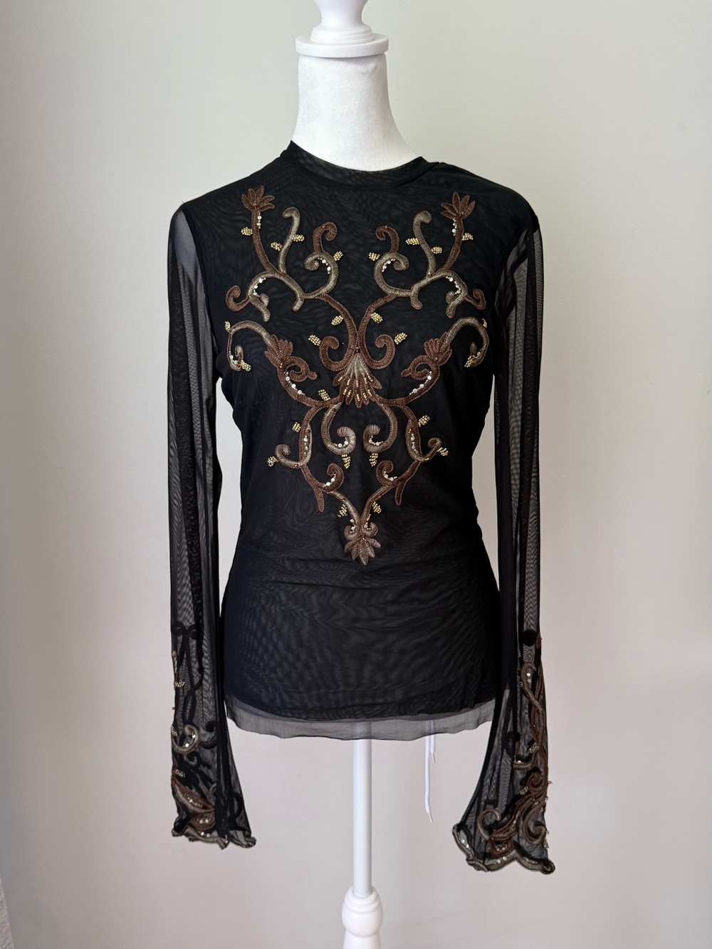 Cache Black Sheer Mesh Long-Sleeve Top with Metallic Embroidery